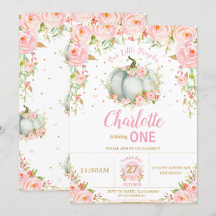 Pink Floral Little Pumpkin1st First Birthday Invitation