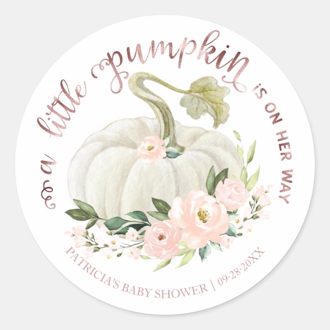 Pink Floral Little Pumpkin Fall Baby Shower Classic Round Sticker (Front)
