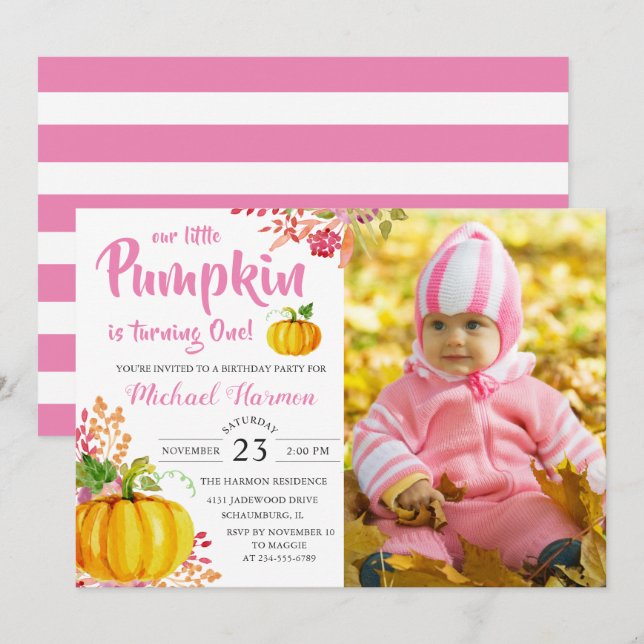 Pink Floral Little Pumpkin Fall Birthday Photo Invitation (Front/Back)