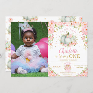 Pink Floral Little Pumpkin Girl 1st Birthday Photo Invitation