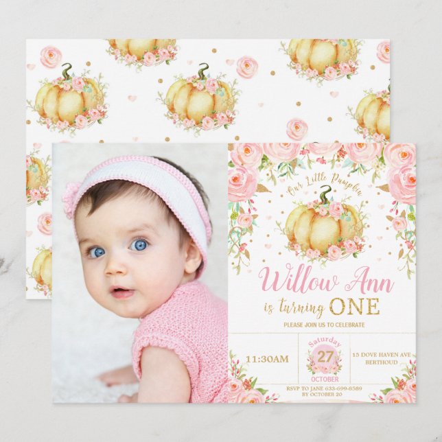 Pink Floral Little Pumpkin Girl 1st Birthday Photo Invitation (Front/Back)