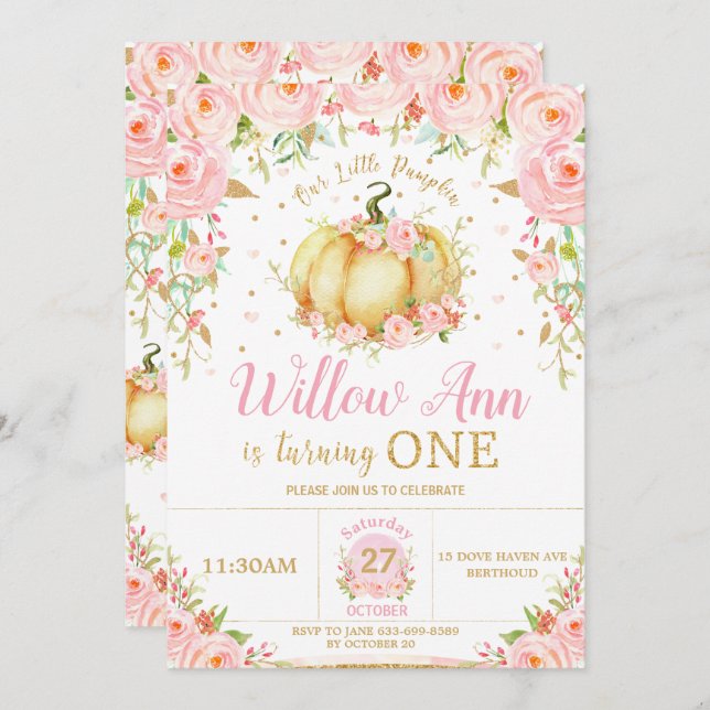 Pink Floral Little Pumpkin Girl 1st First Birthday Invitation (Front/Back)