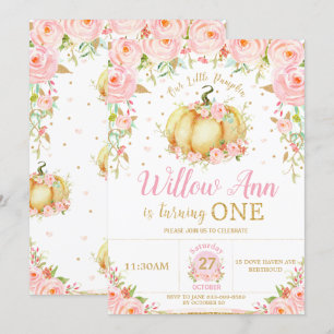 Pink Floral Little Pumpkin Girl 1st First Birthday Invitation