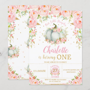 Pink Floral Little Pumpkin Girl 1st First Birthday Invitation