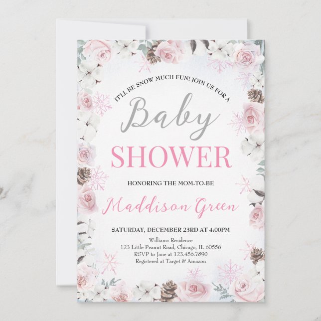 Pink Floral Little Snowflake Baby Shower Invitation (Front)