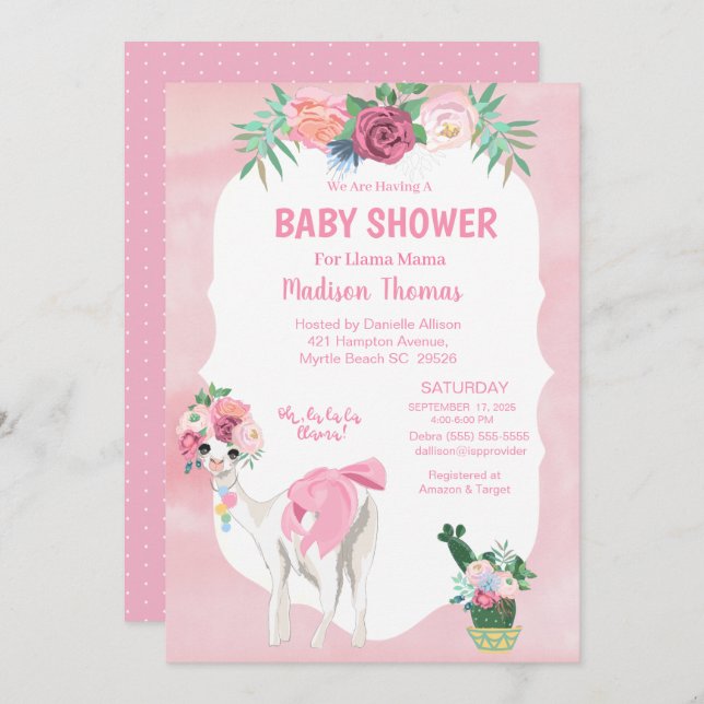 Pink Floral Llama Mama Alpaca  Girls Baby Shower Invitation (Front/Back)