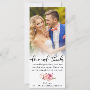 Pink Floral Love and Thanks Wedding Photo Card