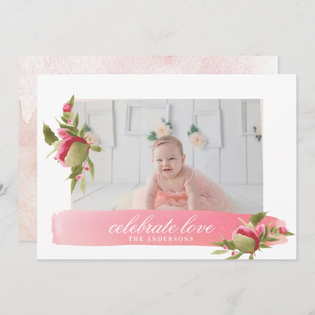 pink floral love celebration valentines photo card (Front/Back)