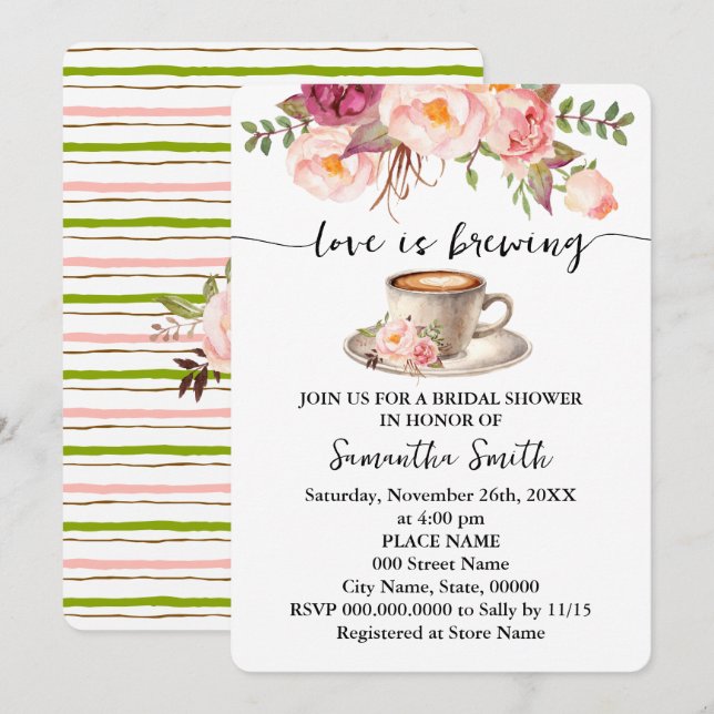 Pink Floral Love is Brewing Bridal Shower Coffee Invitation (Front/Back)