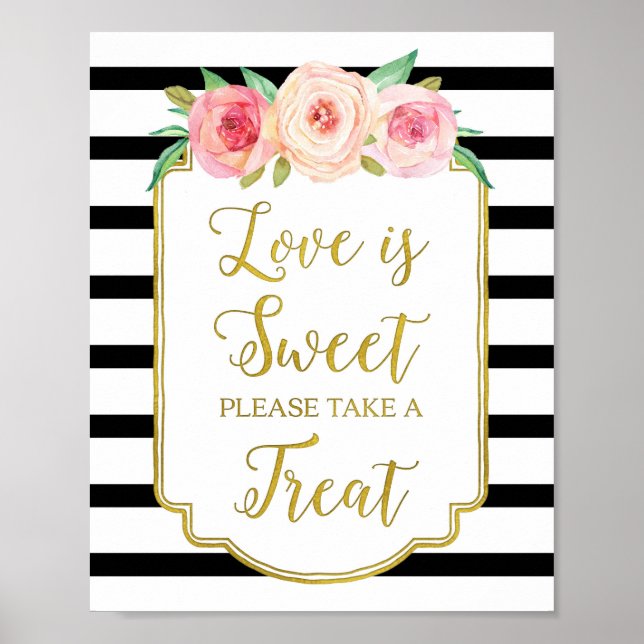 Pink Floral Love is Sweet Sign Gold Black Stripes (Front)