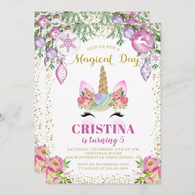 Pink Floral Magical Christmas Unicorn Birthday Invitation (Front/Back)