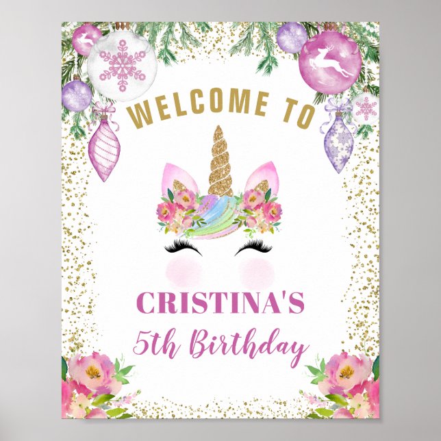 Pink Floral Magical Christmas Unicorn Welcome Poster (Front)