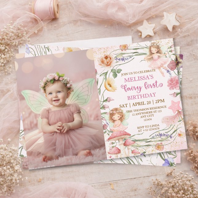 Pink Floral Magical Fairy First Birthday Photo  Invitation (Creator Uploaded)