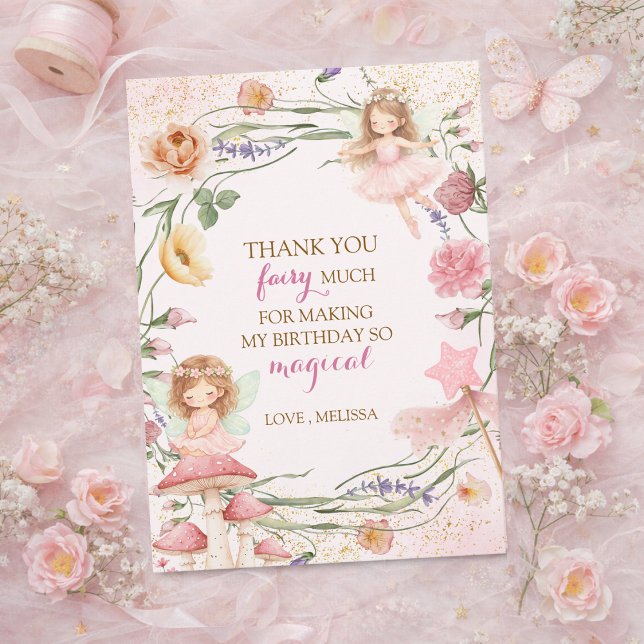 Pink Floral Magical Fairy Garden Girl Birthday    Thank You Card (Creator Uploaded)