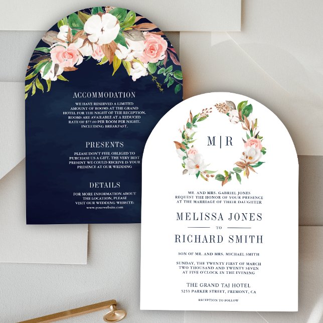 Pink Floral Magnolia Monogram All in One Wedding   Invitation (Creator Uploaded)