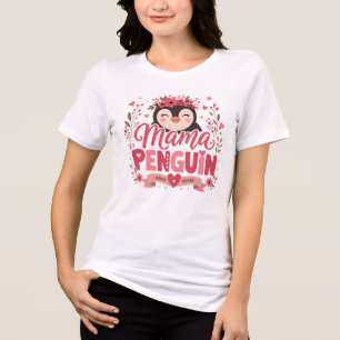 Pink Floral Mama Penguin Motherhood Illustration Tri-Blend Shirt