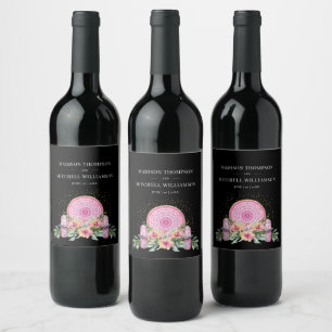 Pink Floral Mandala Crystals Metaphysical Wedding Wine Label
