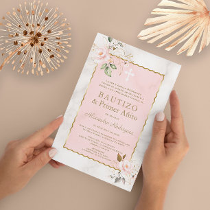 Pink Floral Marble Spanish 1st Birthday Baptism Invitation