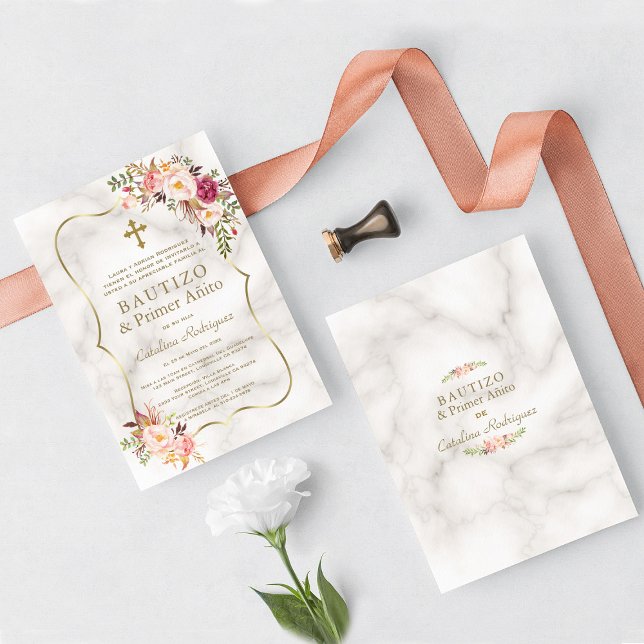 Pink Floral Marble Spanish 1st Birthday Baptism Invitation (trendy elegant floral bautizo primer añito Spanish baptism invitation)