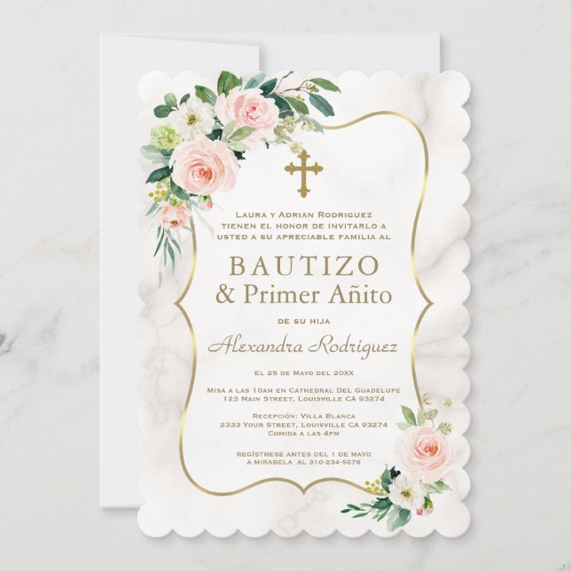 Pink Floral Marble Spanish 1st Birthday Baptism Invitation (Front)