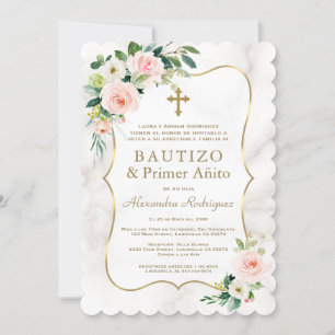 Pink Floral Marble Spanish 1st Birthday Baptism Invitation