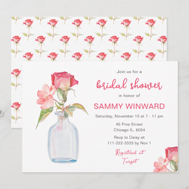 Pink Floral Mason Jar Bridal Shower Invitation (Front/Back)