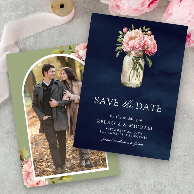 Pink Floral Mason Jar Photo Navy Blue Wedding Save The Date (Creator Uploaded)