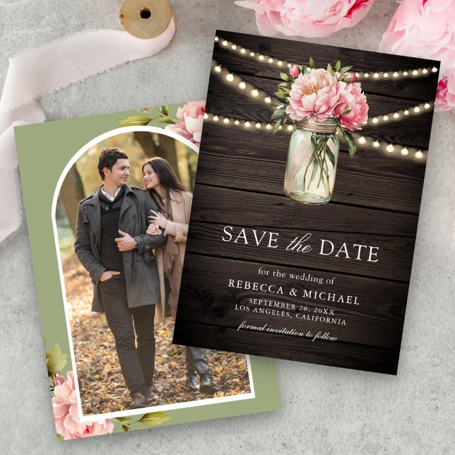 Pink Floral Mason Jar Photo Wood Wedding Save The Date (Creator Uploaded)