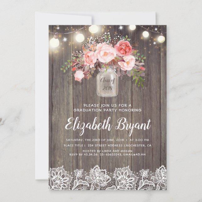 Pink Floral Mason Jar Rustic Lace Graduation Party Invitation (Front)