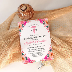 Pink Floral Medical Nursing School Graduation Invitation
