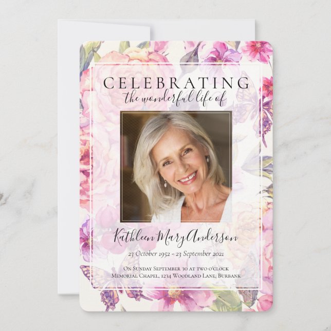 Pink Floral Memorial Service Invitation (Front)