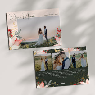Pink Floral Merry and Married Four Photo Christmas Holiday Card