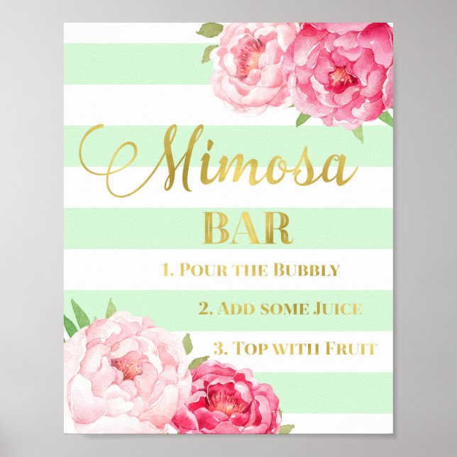 Pink Floral Mimosa Bar Sign Gold Mint Stripes (Front)