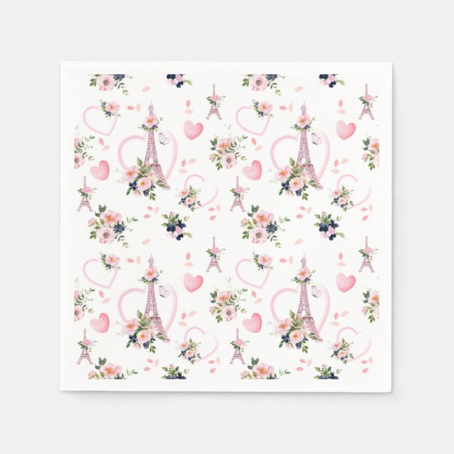 Pink Floral Minimalist Parisian Party Napkins (Front)