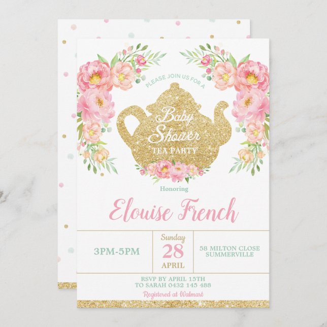 Pink Floral Mint Baby Shower High Tea Party Baby Invitation (Front/Back)