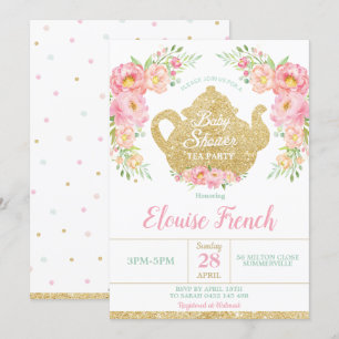 Pink Floral Mint Baby Shower High Tea Party Baby Invitation
