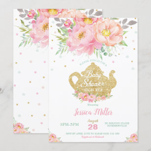 Pink Floral Mint Baby Shower High Tea Party Girl Invitation