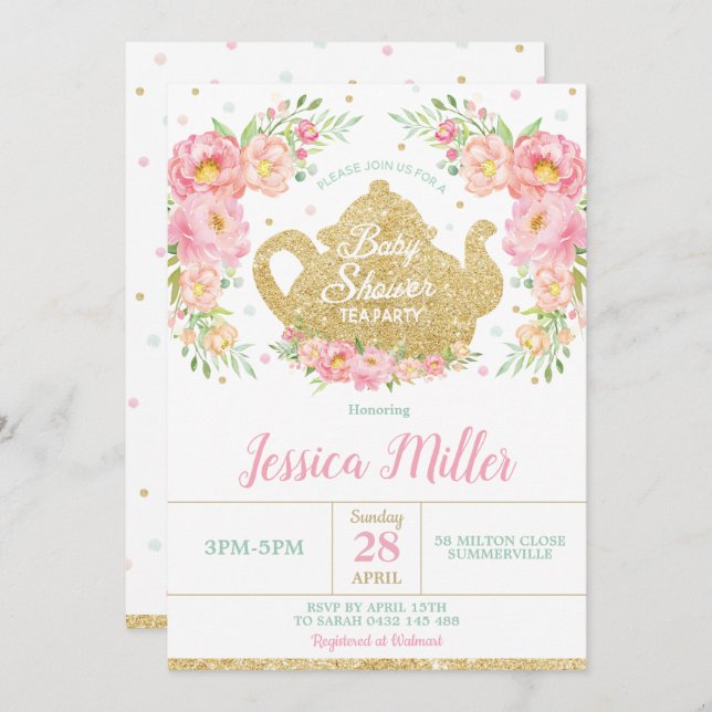 Pink Floral Mint Baby Shower Tea Party Baby Girl Invitation (Front/Back)