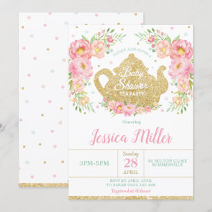 Pink Floral Mint Baby Shower Tea Party Baby Girl Invitation