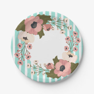 Pink Floral Mint Green Blue Stripes Wedding Flower Paper Plate