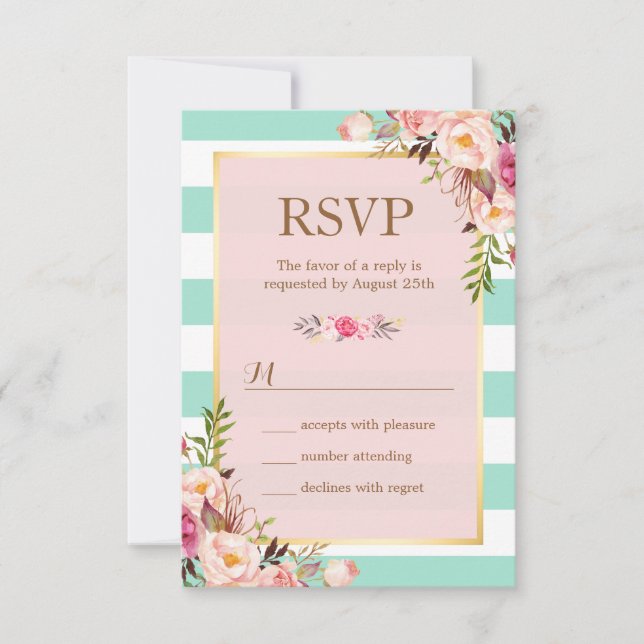 Pink Floral Mint Green White Stripes RSVP (Front)
