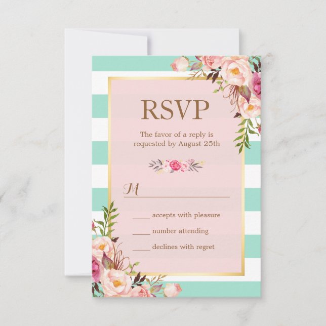Pink Floral Mint Green White Stripes RSVP Card (Front)