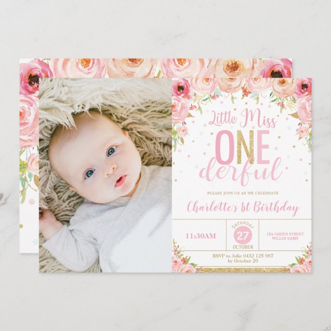 Pink Floral Miss Onederful 1st Birthday Photo Invitation (Front/Back)
