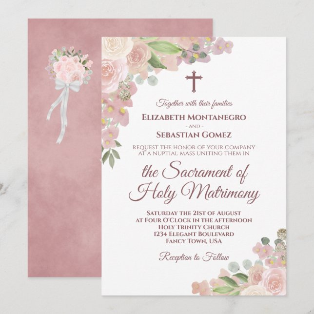 Pink Floral Modern Catholic QR Code Wedding Invitation (Front/Back)