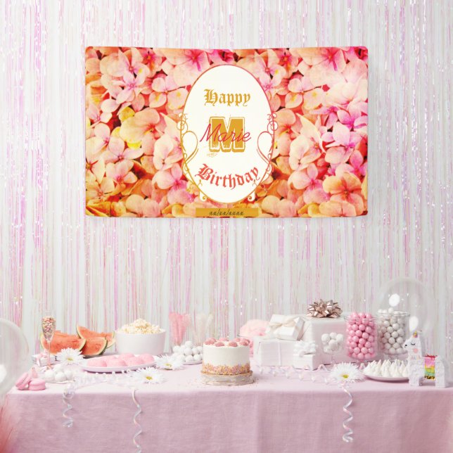 Pink Floral Modern Elegant Monogram Happy Birthday Banner (Party)