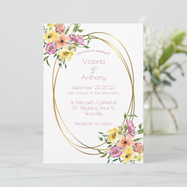 Pink Floral Modern Gold Frame Wedding Invitation (Standing Front)