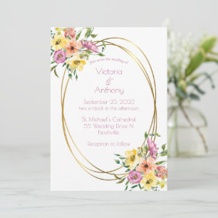 Pink Floral Modern Gold Frame Wedding Invitation