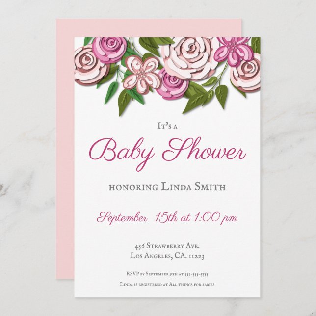 Pink Floral Modern Illustrated Girl Baby Shower Invitation (Front/Back)