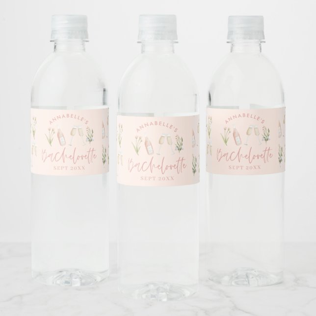 Pink floral modern pink girly bachelorette party water bottle label (Bottles)