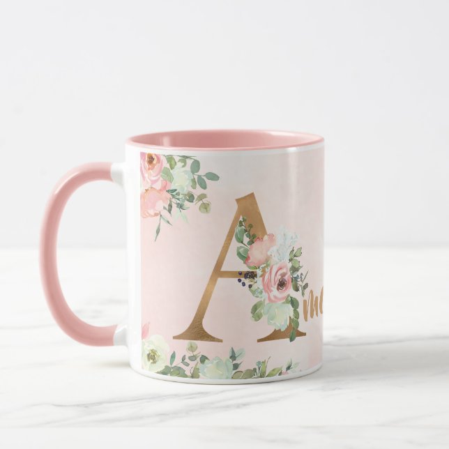 Pink floral monogram A watercolor with Name Mug (Left)